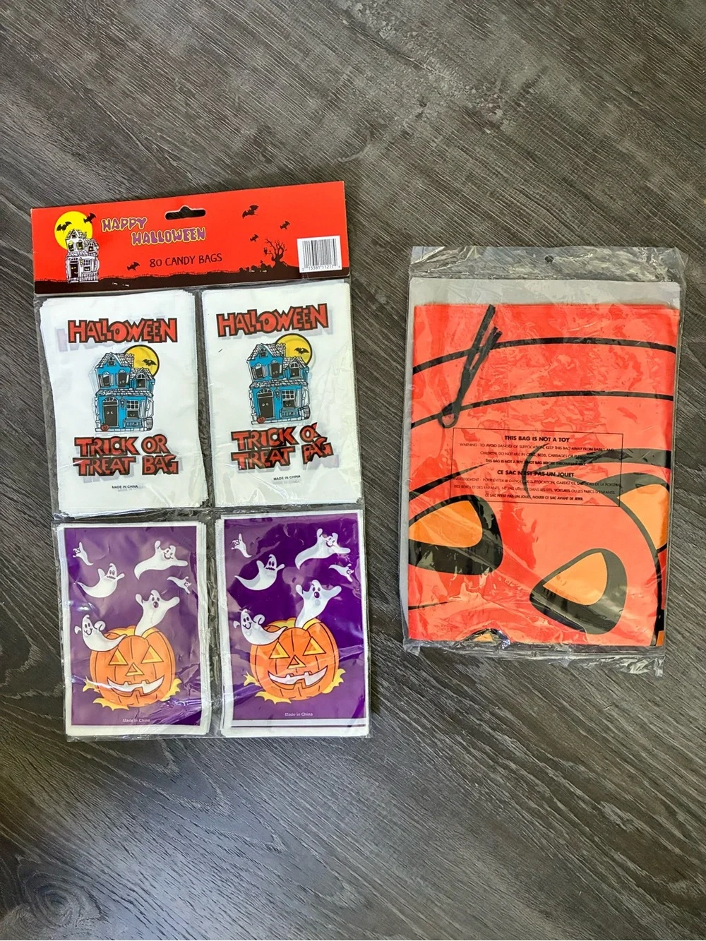 VTG Halloween Skeleton Banner Flag 28x43 Goodie Bags Pumpkin Leaf Lawn Bag Set